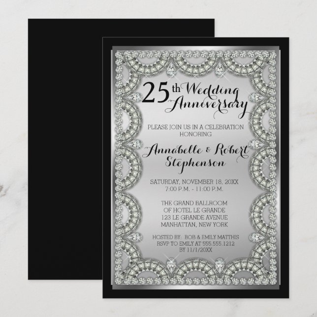 Silver and Diamond 25. Wedding Anniversary Party Einladung (Vorne/Hinten)