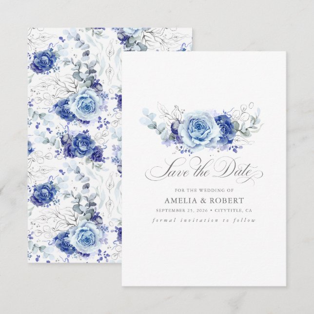 Silver and Dusty Blue Floral Save the Date (Vorne/Hinten)
