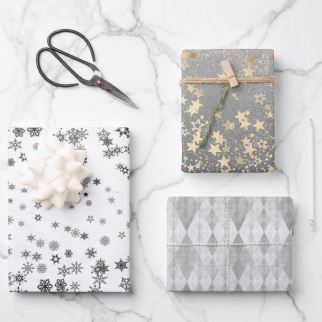 Silver and Gold Harlequin Snowflakes Stars Geschenkpapier Set (Vorderseite)