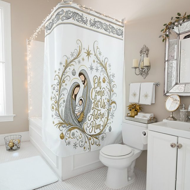 Silver and gold nativity Christmas Duschvorhang (Von Creator hochgeladen)