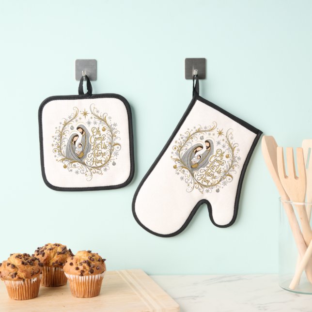 Silver and gold nativity Christmas Ofenhandschuh & Topflappen-Set (Insitu (Hängend))