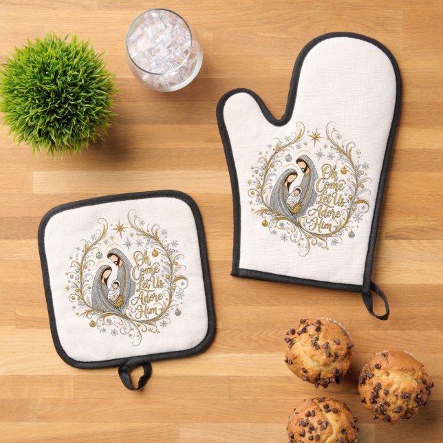 Silver and gold nativity Christmas Ofenhandschuh & Topflappen-Set (Oben Unten)