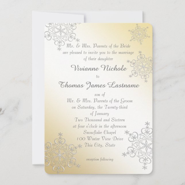 Silver and Gold Snowflakes Wedding Einladung (Vorderseite)
