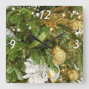 Silver and Gold Weihnachtsbaum I Urlaub Quadratische Wanduhr