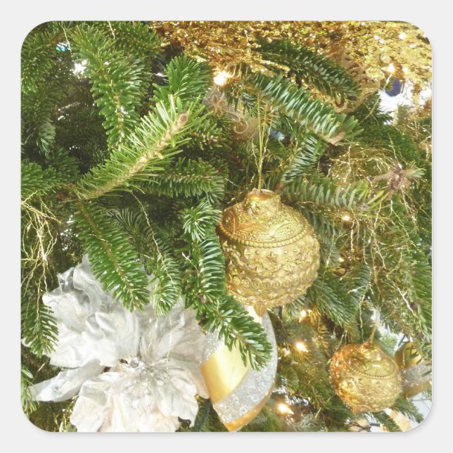 Silver and Gold Weihnachtsbaum I Urlaub Quadratischer Aufkleber (Vorderseite)
