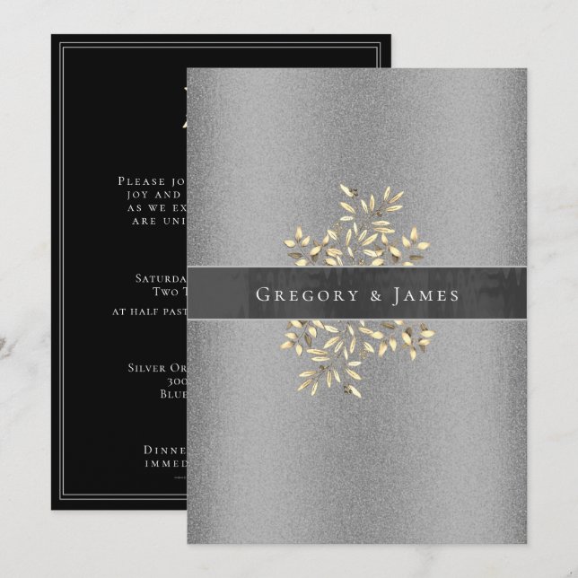 Silver and Gray Botanical Satin Ribbon Gay Wedding Einladung (Vorne/Hinten)