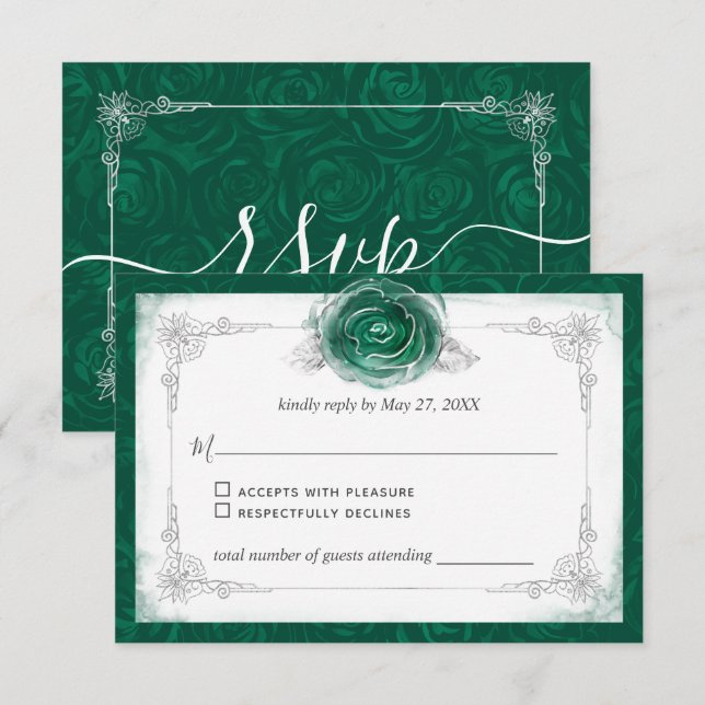 Silver and Green Rose Elegant RSVP Karte (Vorne/Hinten)