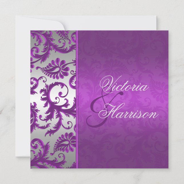 Silver and Lila Damask II Einladung zur Hochzeit (Vorderseite)
