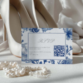 Silver And Navy Blue Wedding QR code RSVP Card Karte