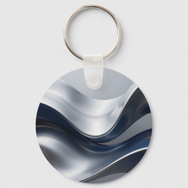 Silver And Navy Fluid Waves Abstract Modern Design Schlüsselanhänger (Vorderseite)