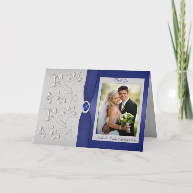 Silver and Navy Foto von Thank You Card Dankeskarte (Vorderseite)