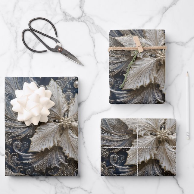 Silver and Pearl Poinsettia Embroidery Geschenkpapier Set (Vorderseite)