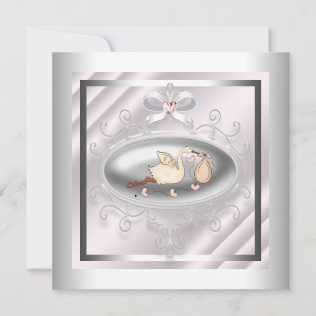 Silver and Pink Stork Baby Dusche Einladung (Vorderseite)