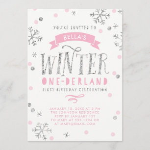 Silver and Pink Winter Onederland Erster Geburtsta Einladung