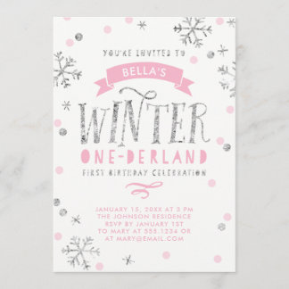 Silver and Pink Winter Onederland Erster Geburtsta Einladung