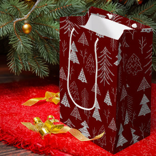 Silver and Red Christmas Tree Forest Pattern Mittlere Geschenktüte