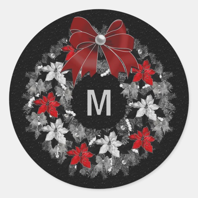 Silver and Red Holiday Wreath with Monogram Runder Aufkleber (Vorderseite)