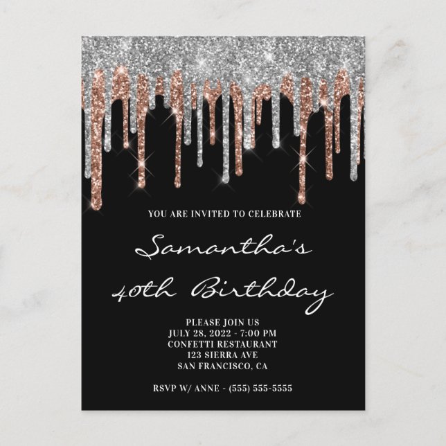 Silver and Rose Gold Glitzer Tropfen Black Birthda Postkarte (Vorderseite)