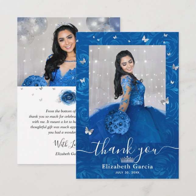 Silver and Royal Blue Quinceañera 2 Foto Geburtsta Dankeskarte (Vorne/Hinten)