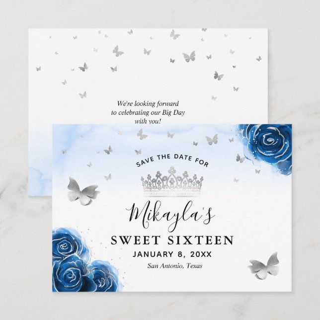 Silver and Royal Blue Rose Elegant Save the Date (Vorne/Hinten)