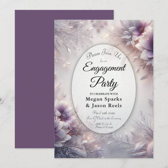 Silver and Soft Amethyst Winter Engagement Party Einladung (Vorne/Hinten)