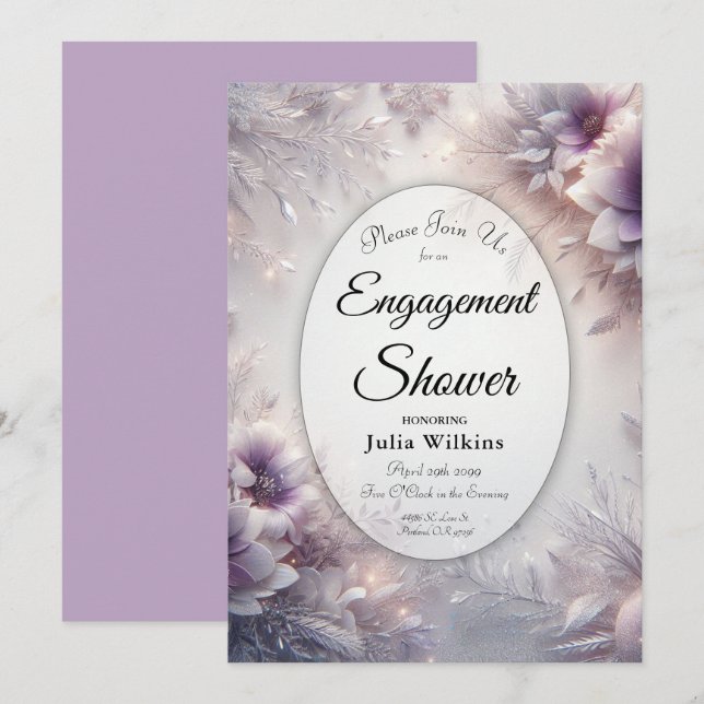 Silver and Soft Amethyst Winter Engagement Shower Einladung (Vorne/Hinten)