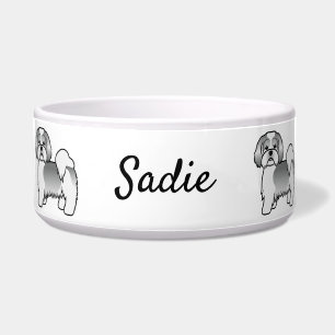 Silver and White Lhasa Apso Cartoon Dog & Name Napf