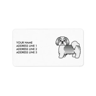Silver and White Lhasa Apso Cartoon Dog & Text Adressaufkleber