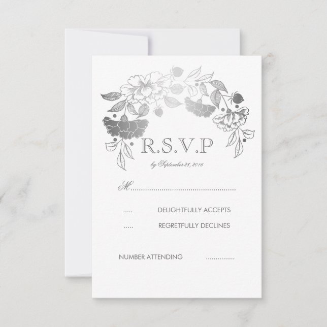 Silver and White Peonies Laurel Wedding RSVP Cards Karte (Vorderseite)