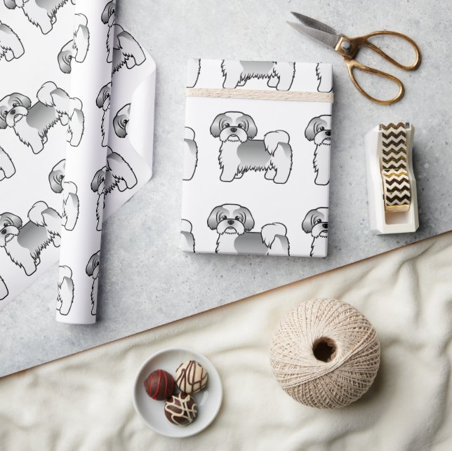 Silver and White Shih Tzu Cartoon Dog Muster Geschenkpapier (Kunsthandwerk)
