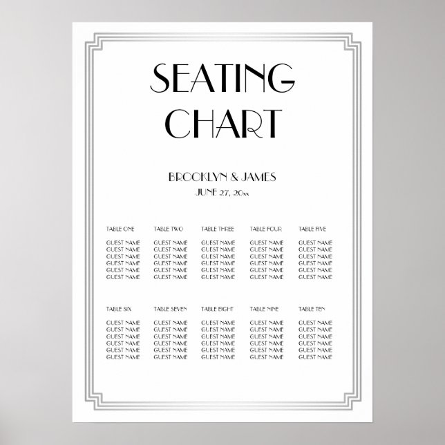 Silver And White Wedding Seating Chart Poster (Vorne)