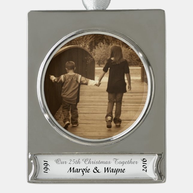 Silver Anniversary Foto Weihnachtsschmuck Banner-Ornament Silber (Vorderseite)
