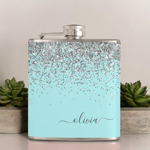 Silver Aqua Aquamarin Blue Girl Glitzer Monogram Flachmann