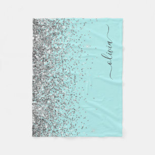 Silver Aqua Aquamarin Blue Girl Glitzer Monogram Fleecedecke
