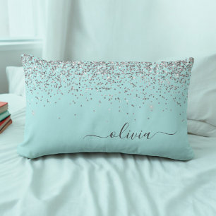 Silver Aqua Aquamarin Blue Girl Glitzer Monogram Lendenkissen