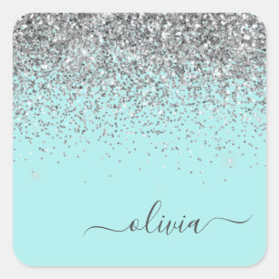 Silver Aqua Aquamarin Blue Girl Glitzer Monogram Quadratischer Aufkleber