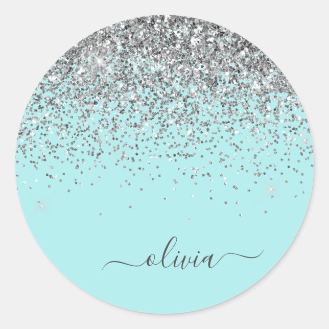 Silver Aqua Aquamarin Blue Girl Glitzer Monogram Runder Aufkleber (Vorderseite)