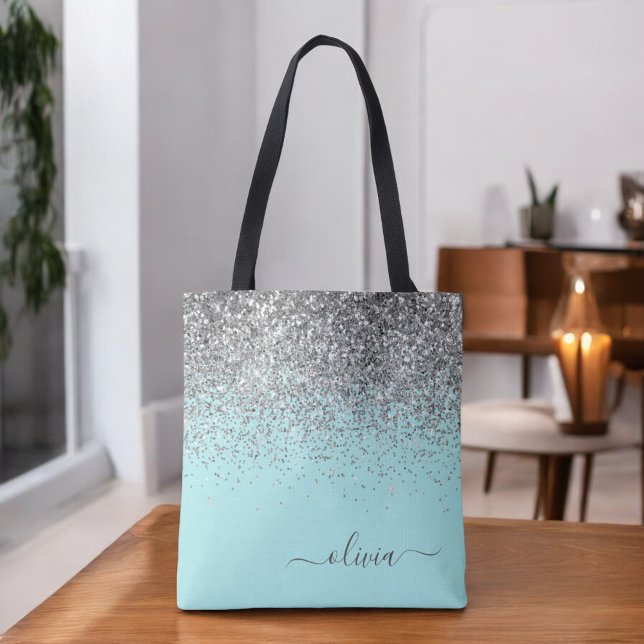 Silver Aqua Aquamarin Blue Girl Glitzer Monogram Tasche (Von Creator hochgeladen)