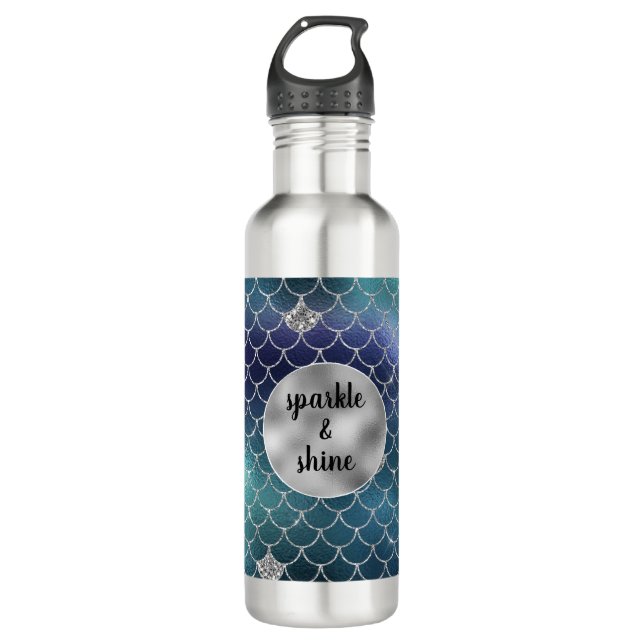 Silver Aqua Blue Mermaid Glitz Edelstahlflasche (Vorderseite)