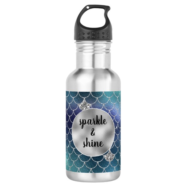 Silver Aqua Blue Mermaid Glitz Edelstahlflasche (Vorderseite)