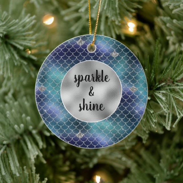 Silver Aqua Blue Mermaid Glitz Keramik Ornament (Baum)