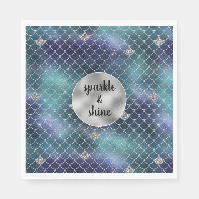 Silver Aqua Blue Mermaid Glitz Serviette (Vorderseite)