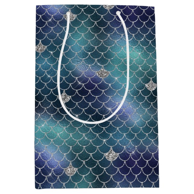 Silver Aqua Blue Mermaid Mittlere Geschenktüte (Vorderseite)