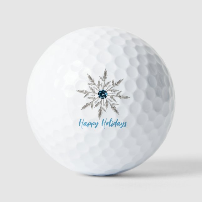 Silver Aqua Crystal Snowflake Happy Holidays Golfball (Vorderseite)
