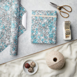 Silver Aqua Glam Glitzer Geschenkpapier