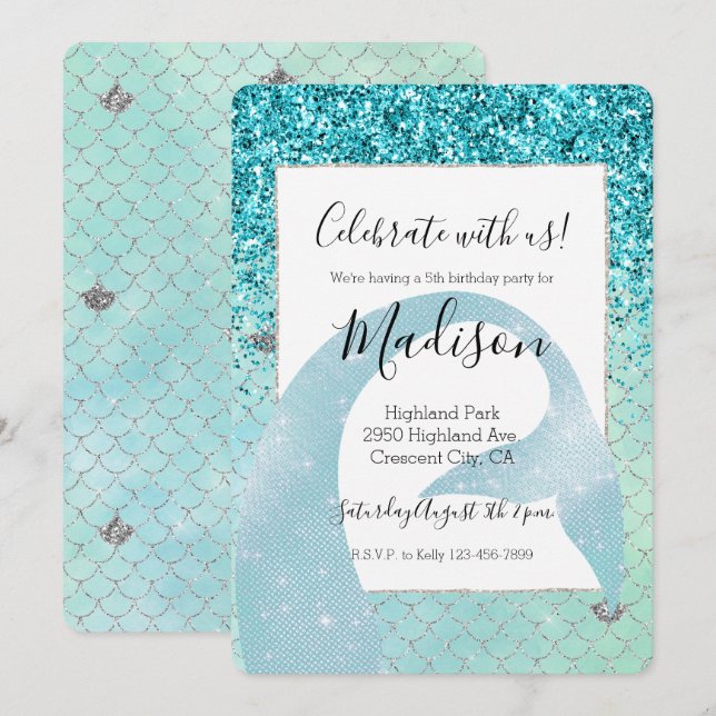 Silver Aqua Glitzer Mermaid Watercolor Einladung (Vorne/Hinten)