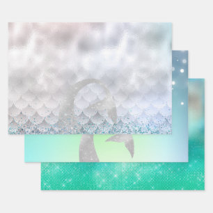 Silver Aqua Pink Lila Glitzer Sparkle Meerjungfrau Geschenkpapier Set