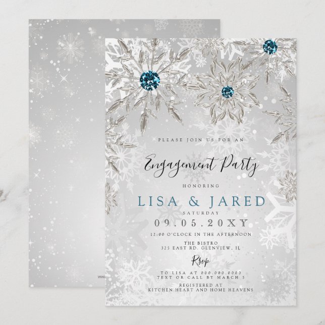 Silver Aqua Snowflakes Winter Engagement Party Einladung (Vorne/Hinten)