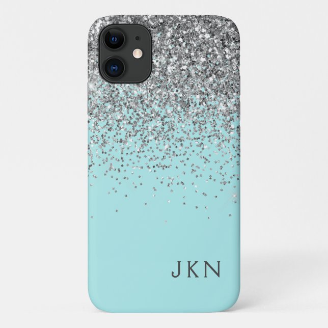 Silver Aquamarin Aqua Blue Girl Glitzer Monogram Case-Mate iPhone Hülle (Rückseite)