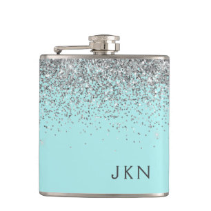 Silver Aquamarin Aqua Blue Girl Glitzer Monogram Flachmann